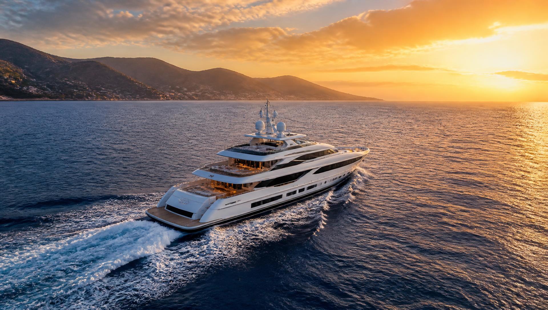 Luxury motor yacht cruising at sunset